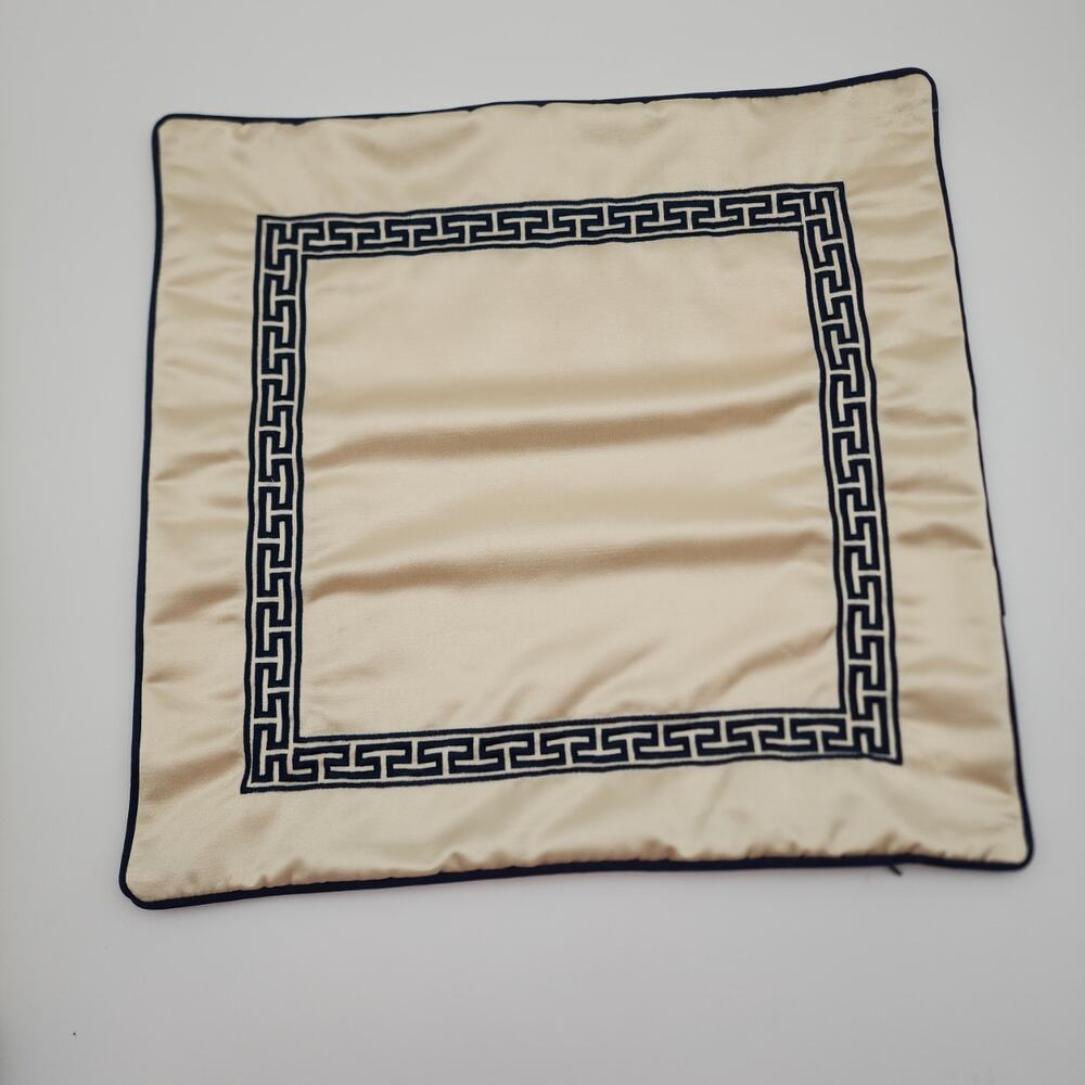 Embroidered Satin Pillow Cover Blue and Beige Chain Link Embroidery 18 x 18 in